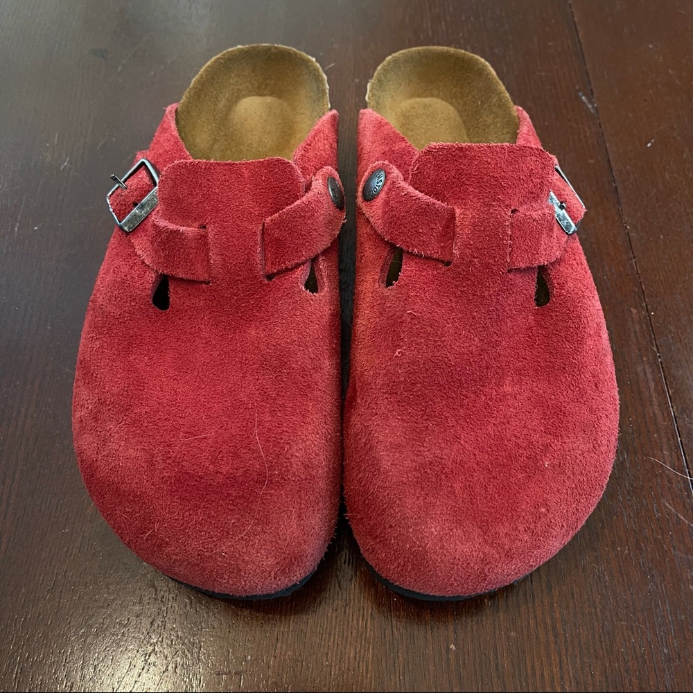 Birkenstock Boston clog. Size 36, (6 US). Red suede upper. Cork footbed.